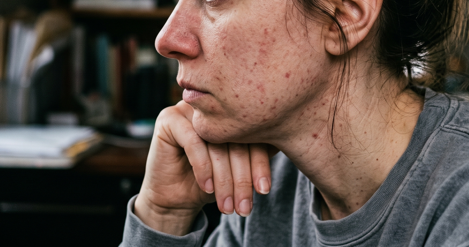 Profile of a woman with acne and thoughtful expression, resting chin on hand, wearing a grey sweatshirt